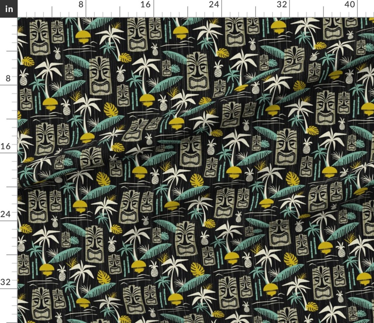 Island Tiki Black Tropical Midcentury Modern Vintage Retro Palm Tree Hawaiian Mid Century Summer Beach Aqua Trees Pineapple Custom Printed Fabric by Spoonflower Various Fabrics by the Yard or Fat Quarter